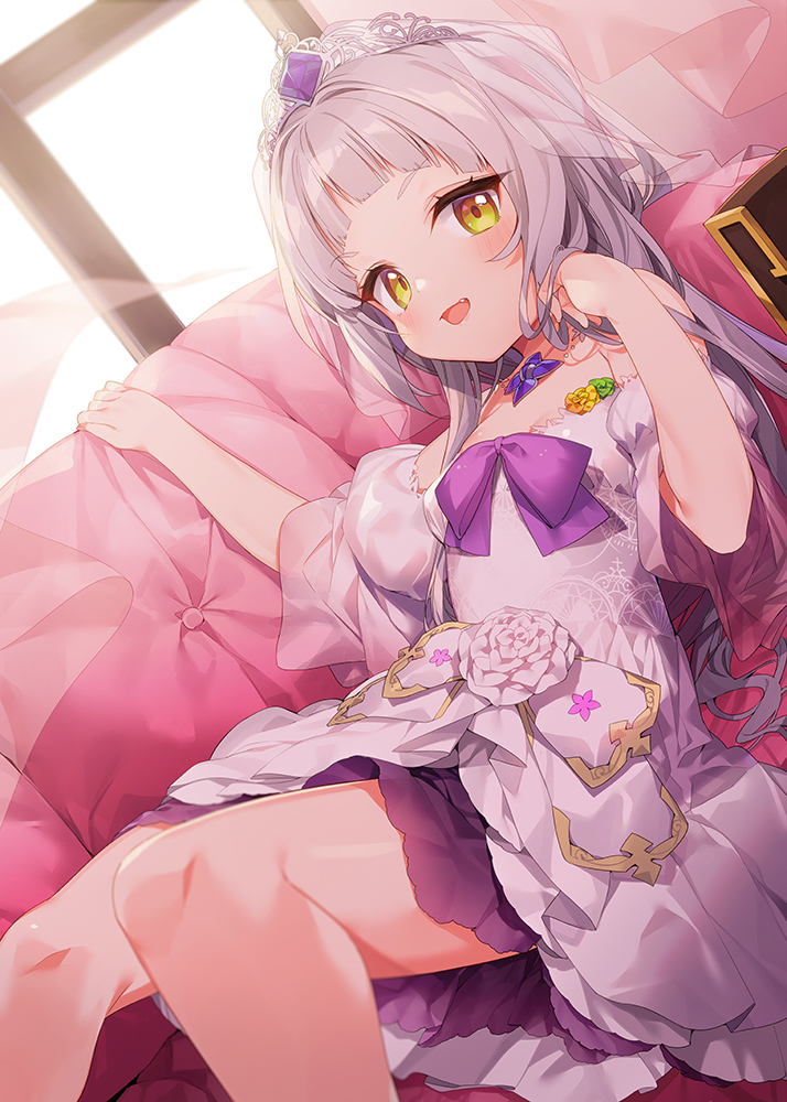 1girl :d bangs commentary_request couch day dress dutch_angle eyebrows_visible_through_hair fang feet_out_of_frame grey_hair hands_up hololive long_hair looking_at_viewer lying murasaki_shion on_back on_couch open_mouth puffy_sleeves smile solo sunlight tiara tousaki_shiina transparent veil very_long_hair virtual_youtuber wedding_dress white_dress wide_sleeves window yellow_eyes