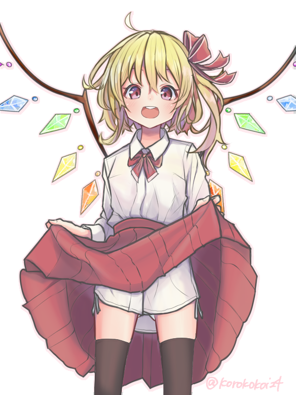1girl :d artist_name black_legwear blonde_hair bow commentary_request crystal eyebrows_behind_hair feet_out_of_frame flandre_scarlet hair_bow happy koro_kokoi lifted_by_self light_blush looking_at_viewer no_hat no_headwear one_side_up open_mouth pink_eyes pleated_skirt red_bow red_skirt round_teeth shirt short_hair simple_background skirt skirt_lift smile solo standing teeth thigh-highs touhou white_background white_shirt wings