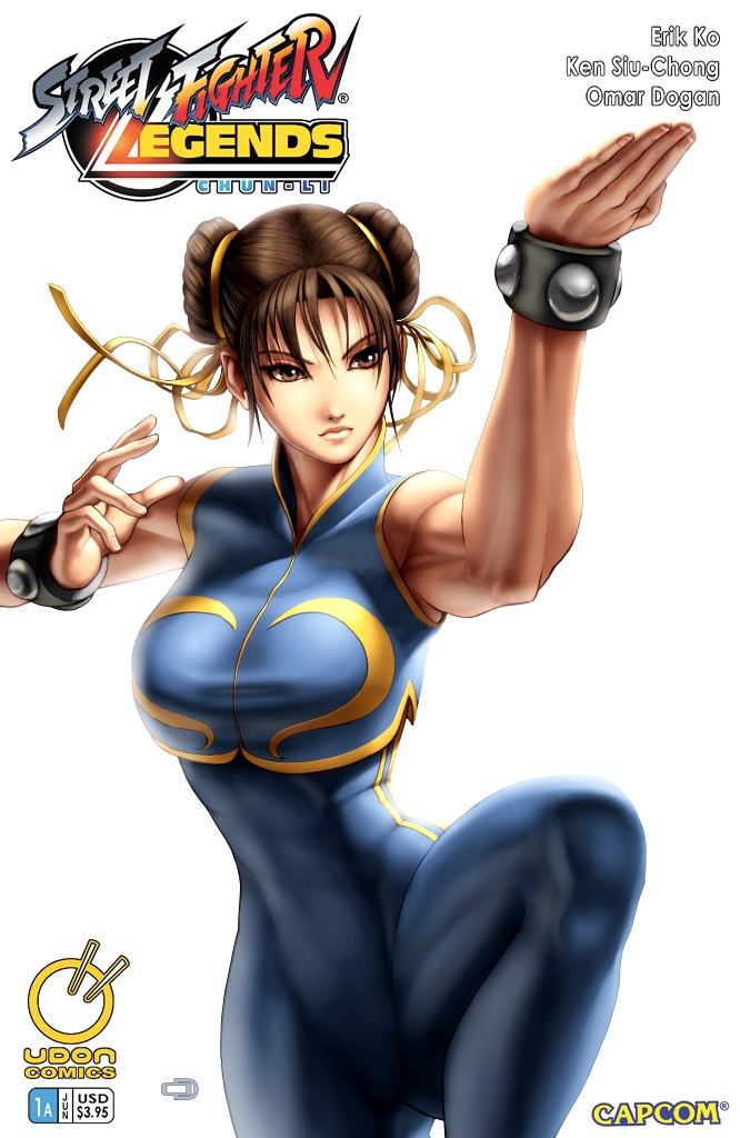 abs arm_up bangs bracelet brown_eyes brown_hair capcom chun-li cover cover_page crop_top double_bun double_buns double_vertical_stripe foreshortening hair_between_eyes hair_ribbon hands jewelry leg_lift leotard lips looking_away muscle narrow_waist official_art omar_dogan ribbon simple_background skin_tight sleeveless solo spread_legs standing standing_on_one_leg street_fighter streetfighter striped taut_shirt thick_thighs thighs turtleneck udon udon_entertainment unitard white_background wide_hips