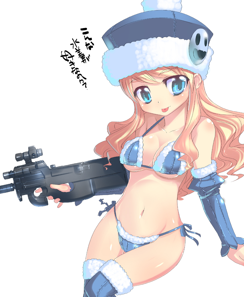 a-walk blonde_hair blue_eyes bullpup detached_sleeves fujishima-01 gun gunner hat highres long_hair p90 sekaiju_no_meikyuu side-tie_bikini string_bikini submachine_gun swimsuit thighhighs tongue weapon