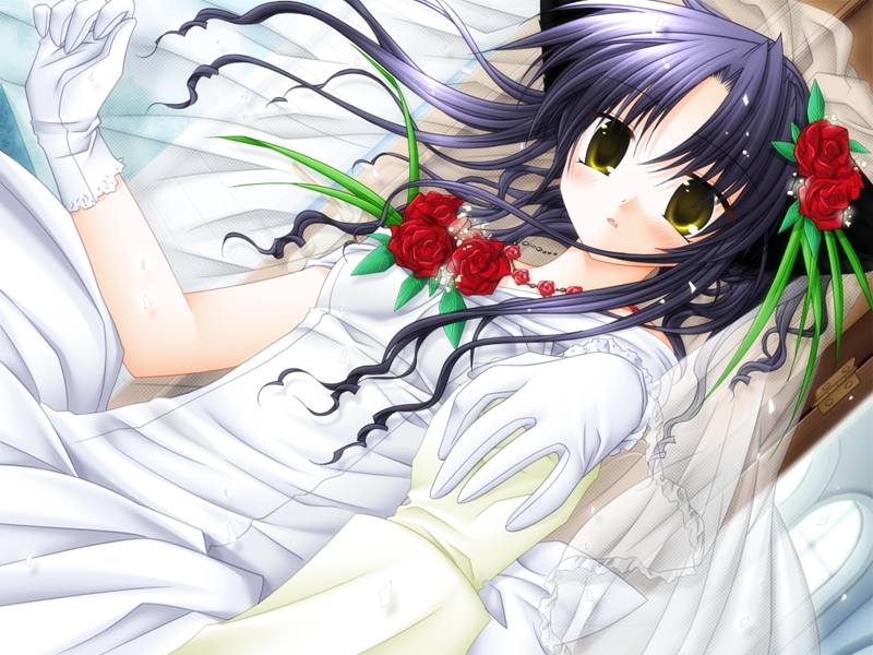 blush bridal_veil bride dress flower game_cg gloves hazel_eyes pure_pure rose roses sakurazawa_izumi tobari tobari_(pure_pure) veil wedding_dress yellow_eyes