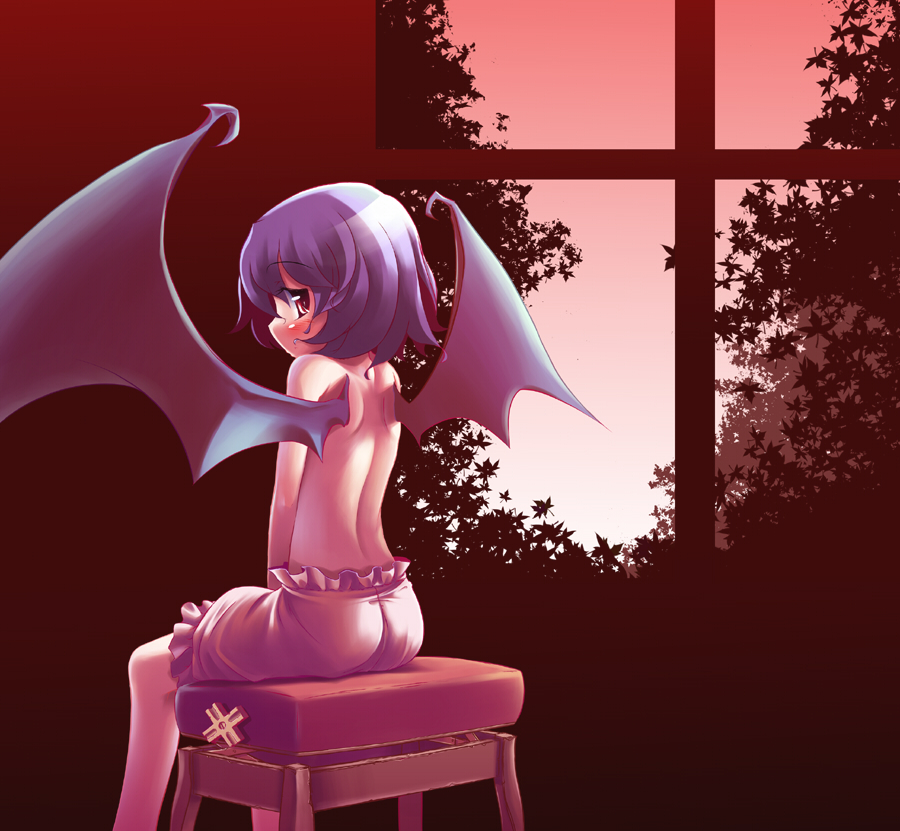 bare_back bloomers blue_hair blush child from_behind looking_back purple_hair red_eyes remilia_scarlet short_hair sitting solo takahero topless touhou wings