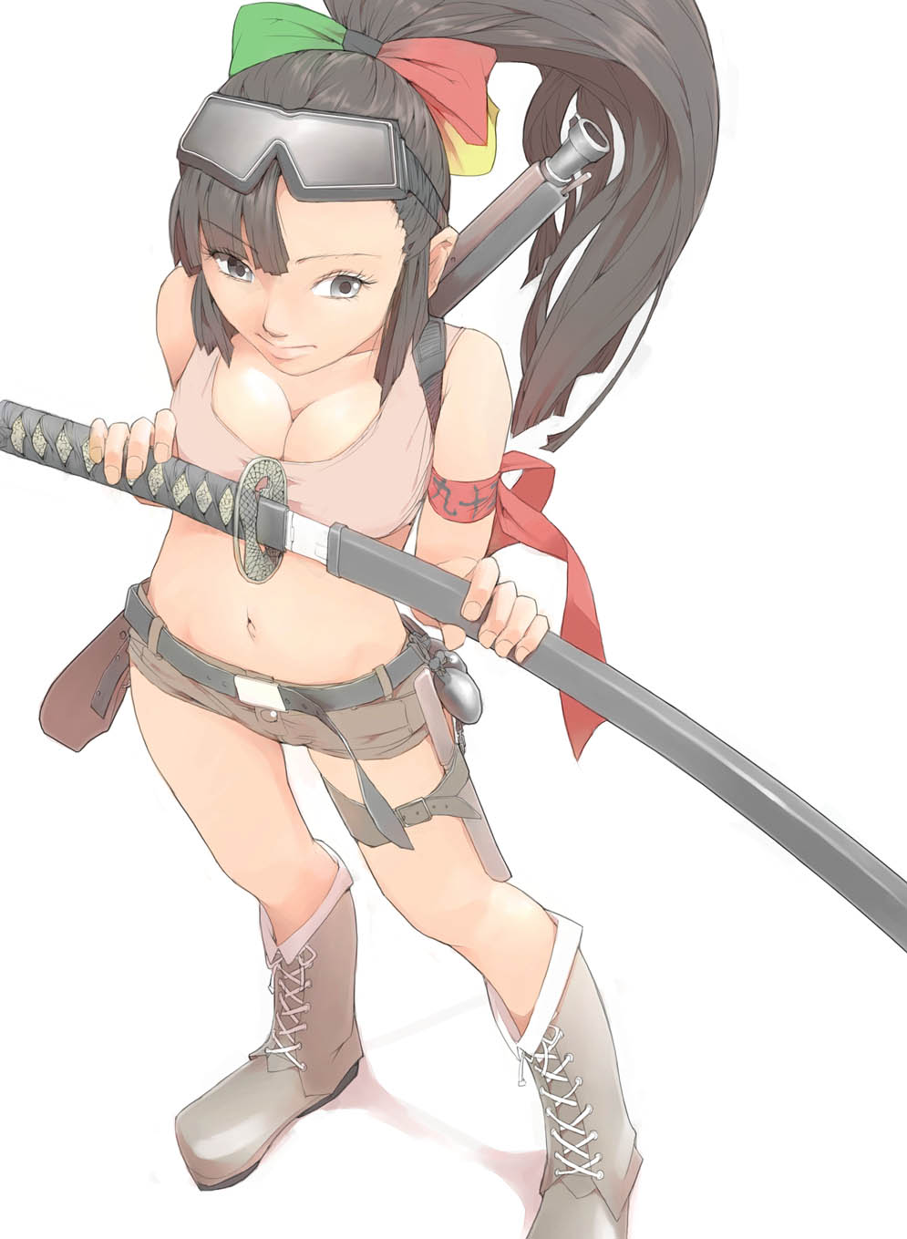 akinbo_(hyouka_fuyou) armband breasts cleavage gun highres hotpants original os sheath short_shorts shorts sword unsheathing weapon