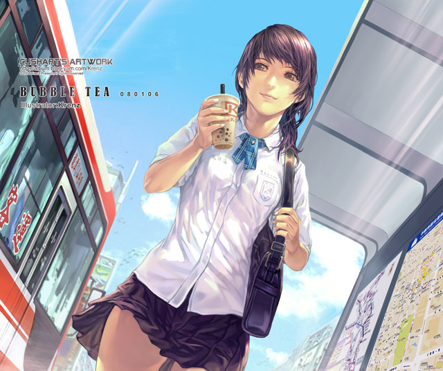 brown_eyes brown_hair bus drink dutch_angle face from_below krenz motor_vehicle original school_uniform sky solo vehicle wind_lift