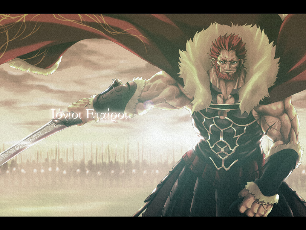 1024x768 army beard cape cloud facial_hair fate/stay_night fate/zero fate_(series) greek ionioi_hetairoi iskander letterboxed male manly muscle red_hair rider_(fate/zero) scar scars sky solo sun sword translated wallpaper weapon
