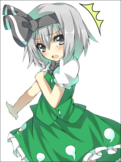 blush border frown grey_eyes hairband konpaku_youmu outstretched_arm shingetsu_takehito short_hair silver_hair simple_background solo tears touhou