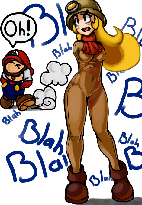ankle_boots blonde_hair bodysuit covering_ears cravat elazuls-core eyebrows fang goomba goombella helmet long_hair mario nintendo no_arms paper_mario paper_mario:_the_thousand-year_door paper_mario_rpg personification pith_helmet simple_background standing super_mario_bros. thick_eyebrows