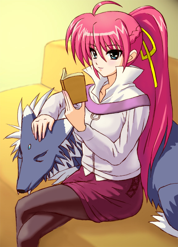 book casual mahou_shoujo_lyrical_nanoha mahou_shoujo_lyrical_nanoha_a's mahou_shoujo_lyrical_nanoha_a's pantyhose pink_hair ponytail shirogane_kihen signum skirt zafira