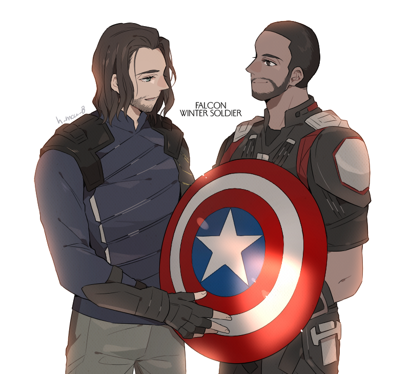 2boys avengers:_endgame avengers:_infinity_war beard blue_eyes blue_jacket brown_hair buzz_cut cyborg facial_hair fingerless_gloves gloves jacket james_buchanan_barnes male_focus marvel mechanical_arms multiple_boys namahamu_(hmhm_81) sam_wilson shield short_hair single_mechanical_arm stubble superhero the_falcon very_short_hair winter_soldier