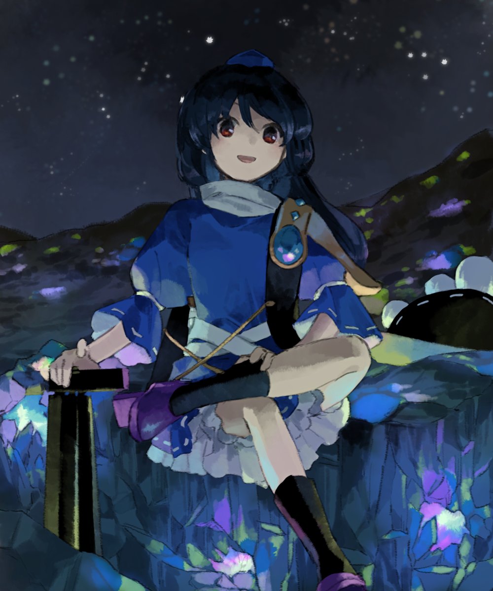 black_legwear blue_dress blue_hair dress frilled_dress frills gem geta hand_on_leg hand_on_object hat highres iizunamaru_megumu index_finger_raised kaigen_1025 kneehighs long_hair open_mouth pom_poms purple_footwear red_eyes ribbon_trim shoulder_guard sitting sky sleeveless_coat smile star_(sky) starry_sky tengu-geta tokin_hat tripod unconnected_marketeers