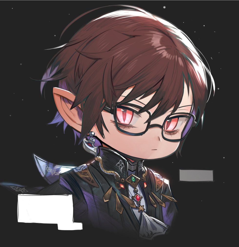 1boy belt black-framed_eyewear black_belt black_coat brown_hair closed_mouth coat earrings final_fantasy final_fantasy_xiv glasses jewelry lalafell looking_at_viewer male_focus pointy_ears red_eyes rosette_(yankaixuan) short_hair solo