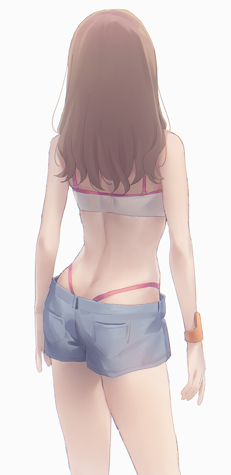 1girl arms_at_sides ass back bare_arms bare_shoulders brown_hair cowboy_shot facing_away from_behind grey_shorts highres long_hair mikazuchi_zeus original short_shorts shorts simple_background solo sports_bra thong white_background