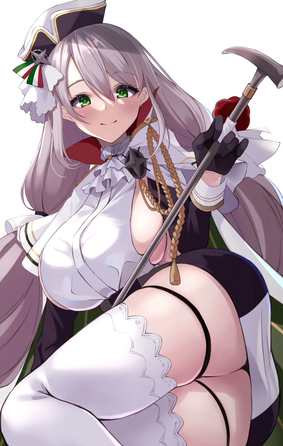 1girl aquila_(azur_lane) azur_lane black_gloves blush breasts closed_mouth eyebrows_visible_through_hair gloves green_eyes hat highres italian_flag large_breasts long_hair looking_at_viewer platinum_blonde_hair sideboob smile solo thigh-highs thighs wee_(weeyy) white_background white_legwear