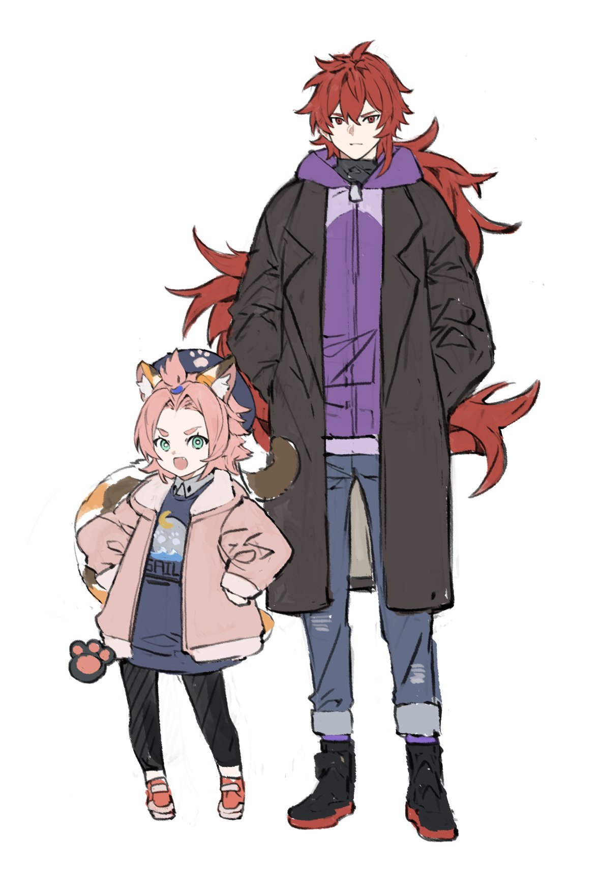 1boy 1girl alternate_costume animal_ears aqua_eyes bangs bangs_pinned_back black_coat black_footwear black_legwear blue_headwear cat_ears cat_tail closed_mouth coat denim diluc_ragnvindr diona_(genshin_impact) genshin_impact hair_between_eyes hands_in_pockets hat height_difference highres jacket jeans jennygin2 long_hair long_sleeves open_mouth pants paw_print pink_hair pink_jacket ponytail red_eyes redhead simple_background standing tail white_background