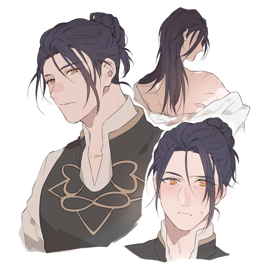 bangs black_hair blush character_sheet felix_hugo_fraldarius fire_emblem fire_emblem:_three_houses garreg_mach_monastery_uniform hair_bun hair_down hair_strand long_hair male_focus namahamu_(hmhm_81) off_shoulder parted_bangs scar yellow_eyes