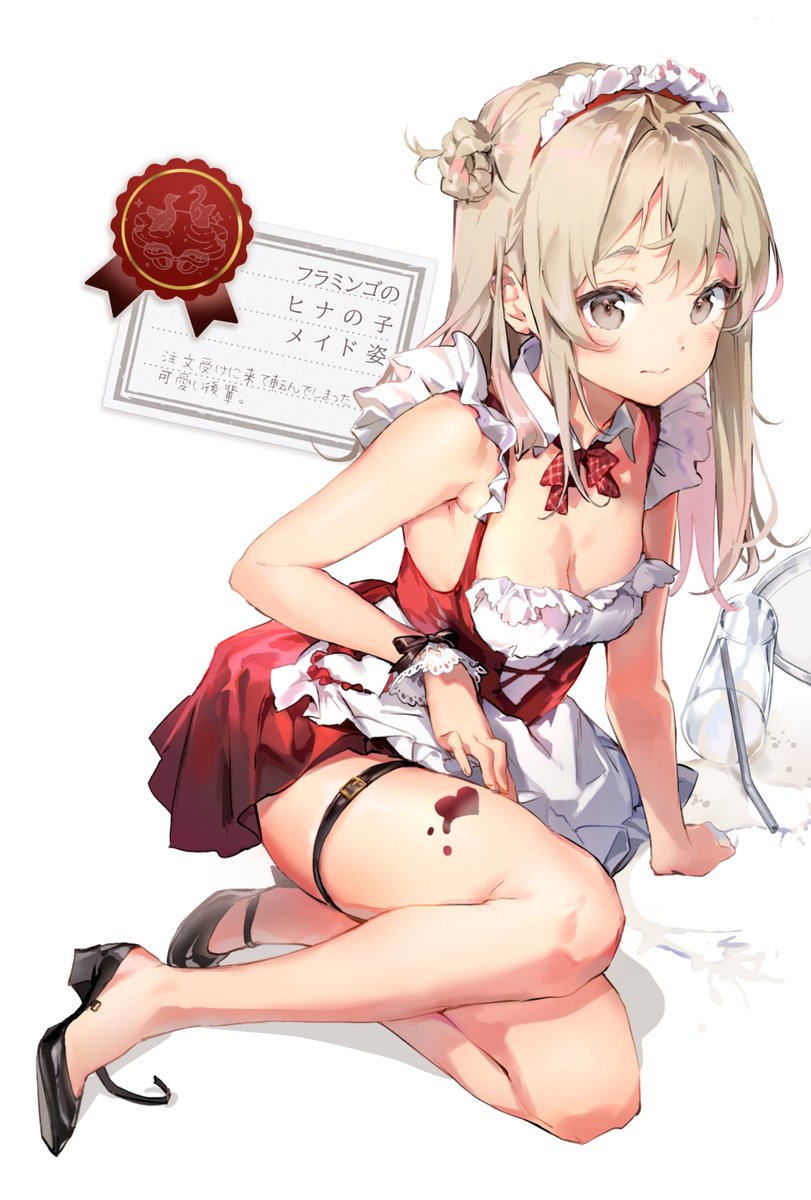 1girl anmi blush braid brown_eyes brown_hair certificate closed_mouth commentary dress frills glass high_heels highres maid_headdress original red_dress red_ribbon ribbon solo thigh_strap translation_request waitress
