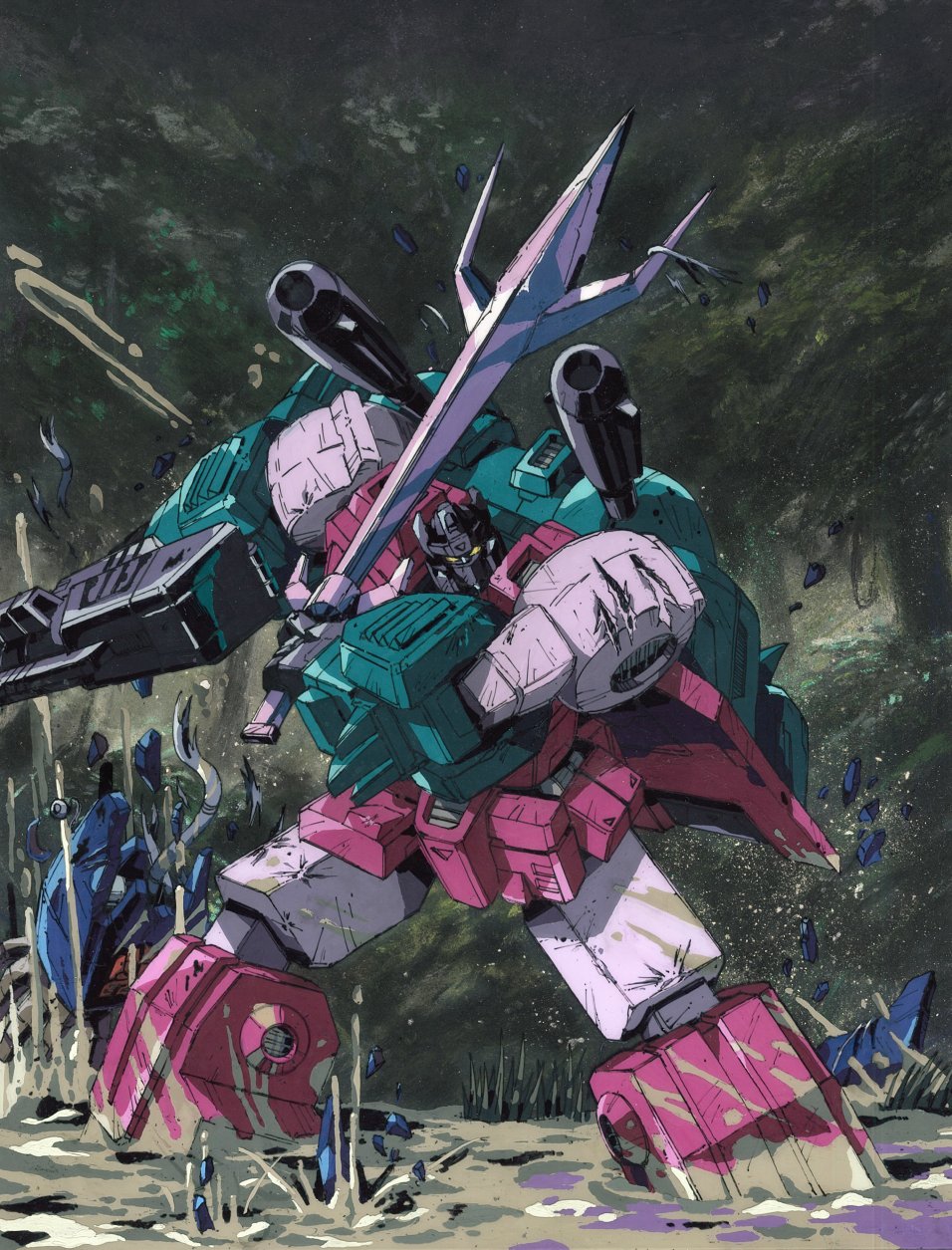 character_request highres holding holding_sword holding_weapon looking_at_viewer marble-v mecha mud no_humans science_fiction shoulder_cannon solo sword transformers weapon wetland yellow_eyes