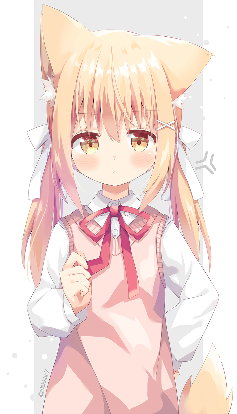 1girl anger_vein animal_ear_fluff animal_ears bangs blonde_hair blush bow brown_eyes closed_mouth collared_shirt commentary_request eyebrows_visible_through_hair grey_background hair_between_eyes hair_bow hair_ornament hairclip hand_on_hip highres long_hair long_sleeves looking_at_viewer low_twintails miike-chan nakkar neck_ribbon original puffy_long_sleeves puffy_sleeves red_ribbon ribbon shirt solo sweater_vest tail twintails two-tone_background white_background white_bow white_shirt x_hair_ornament
