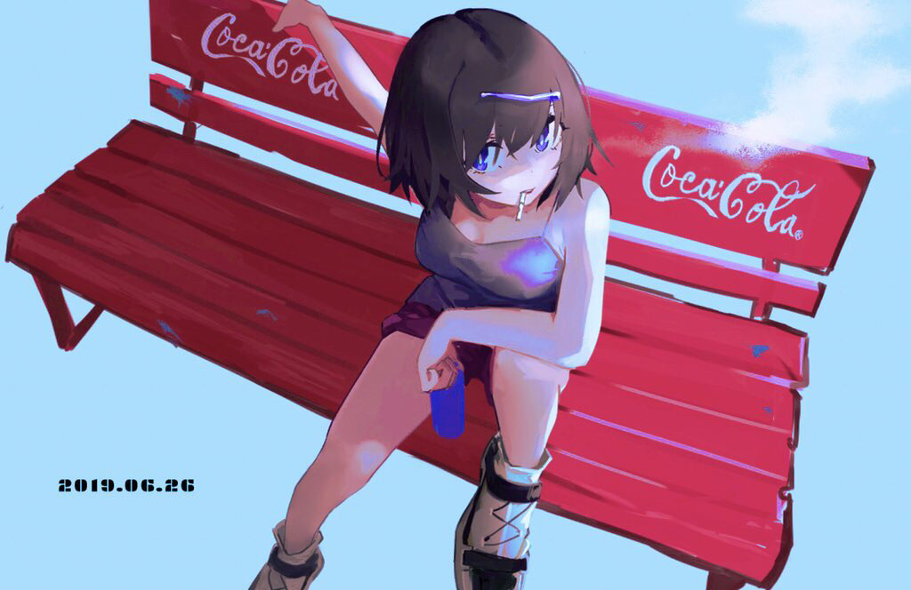 1girl air_kon bangs bench blue_background breasts brown_hair cigarette coca-cola dated holding large_breasts logo mouth_hold original purple_shorts shoes short_hair shorts simple_background sitting smoke smoking sneakers solo tank_top violet_eyes