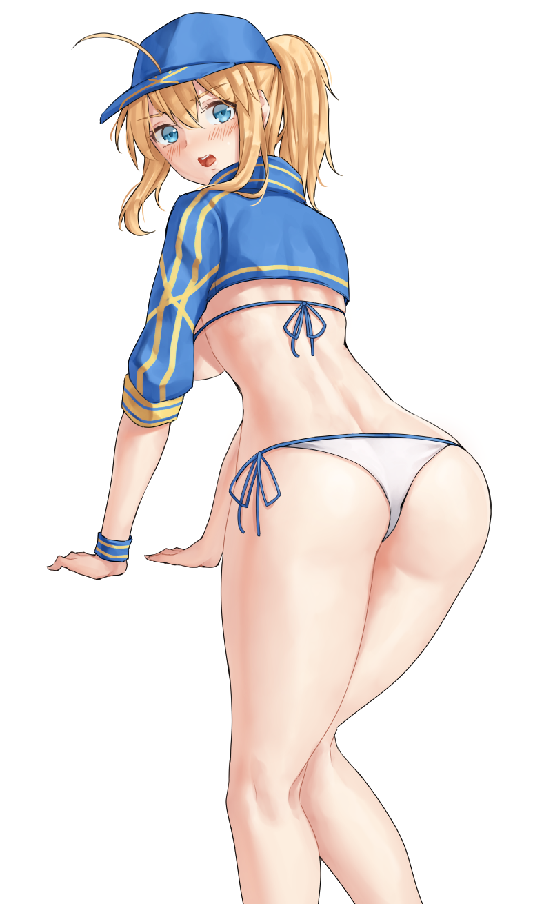 1girl artoria_pendragon_(all) ass back bangs bikini blonde_hair blue_eyes blue_headwear blue_jacket blush breasts fate/grand_order fate_(series) hair_through_headwear hat highres jacket looking_at_viewer looking_back mysterious_heroine_xx_(fate) open_mouth panties ponytail sarhce short_stack solo surprised swimsuit thighs under_boob underwear white_background white_panties wristband