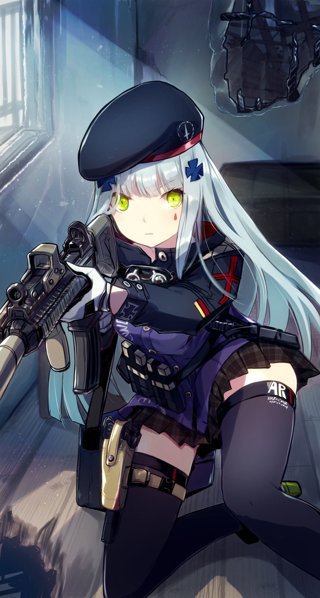 acog assault_rifle bangs beret black_headwear black_legwear blunt_bangs cross_hair_ornament facial_mark girls_frontline gloves green_eyes gun h&amp;k_hk416 hair_ornament hat highres hk416_(girls_frontline) holding holding_gun holding_weapon holster indoors long_hair long_sleeves looking_at_viewer military_jacket mineta_naoki plaid plaid_skirt rifle silver_hair skirt teardrop thigh-highs thigh_holster weapon white_gloves