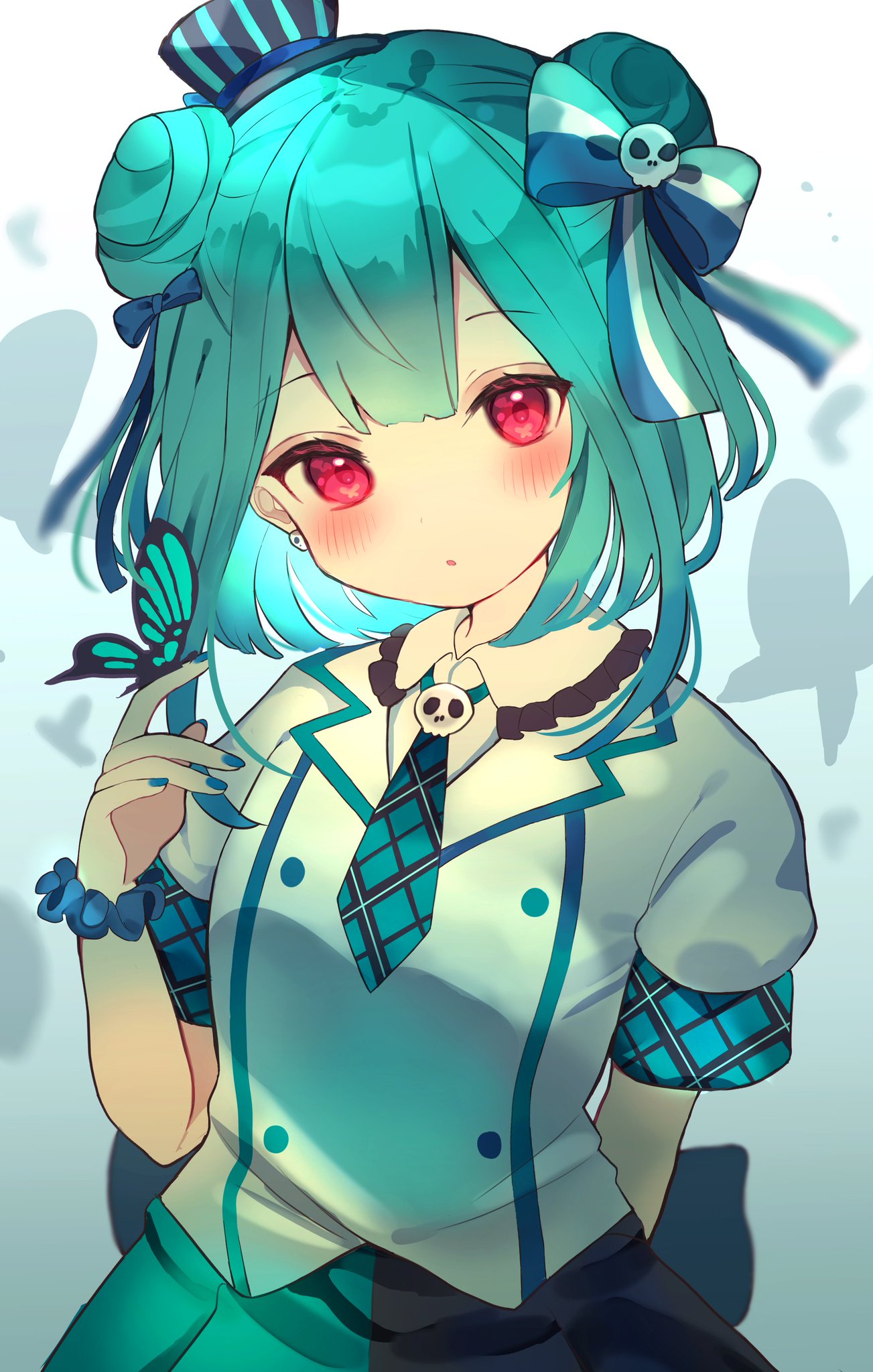 1girl :o animal_on_hand bangs black_headwear black_skirt blue_bow blue_nails blue_neckwear blue_scrunchie blush bow bug butterfly chikuwa_(tikuwaumai_) collared_shirt commentary_request double_bun eyebrows_visible_through_hair green_hair green_skirt hair_bow hair_ornament hand_up hat highres hololive insect looking_at_viewer mini_hat nail_polish necktie parted_lips plaid_neckwear red_eyes scrunchie shirt short_necktie skirt skull_hair_ornament solo tilted_headwear uruha_rushia virtual_youtuber white_shirt wrist_scrunchie