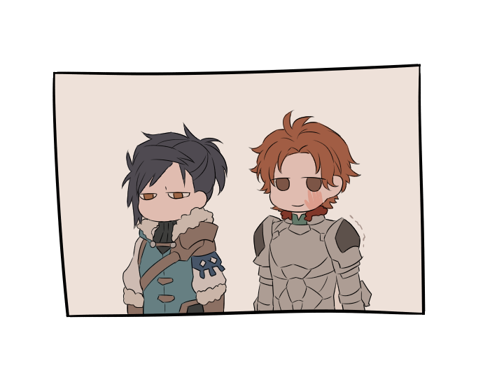 2boys armor black_hair brown_eyes brown_hair felix_hugo_fraldarius fire_emblem fire_emblem:_three_houses fur_collar hand_print jitome male_focus multiple_boys namahamu_(hmhm_81) older orange_hair ponytail slap_mark slap_mark_on_face sylvain_jose_gautier trembling