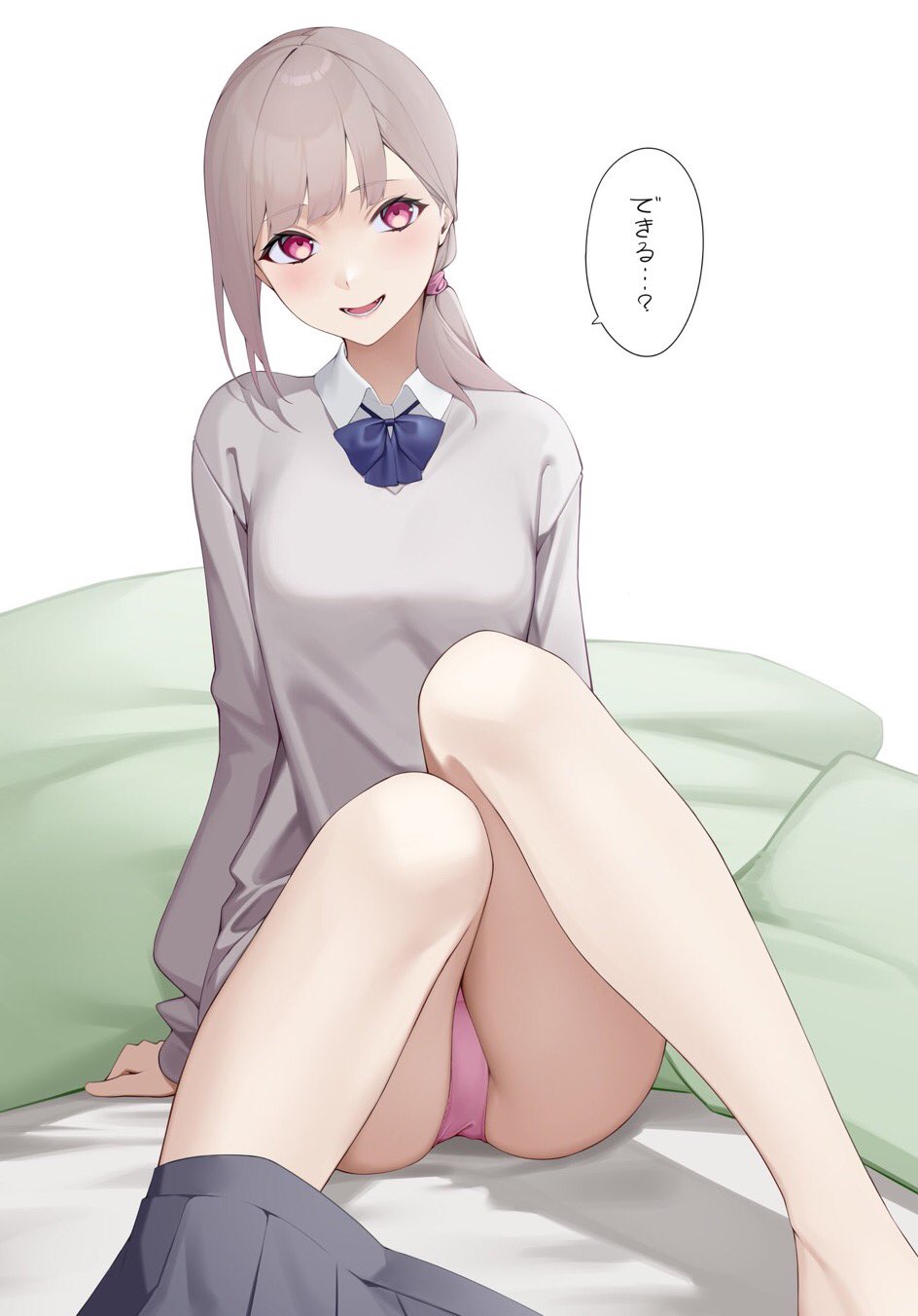 1girl bangs blue_bow blush bow bowtie breasts collared_shirt copyright_request feet_out_of_frame grey_shirt highres knees_up kuen_(kuennn12) long_sleeves looking_at_viewer medium_breasts medium_hair open_mouth panties pillow pink_panties pleated_skirt red_eyes shirt sitting skirt skirt_around_one_leg smile solo speech_bubble translation_request underwear white_background white_shirt