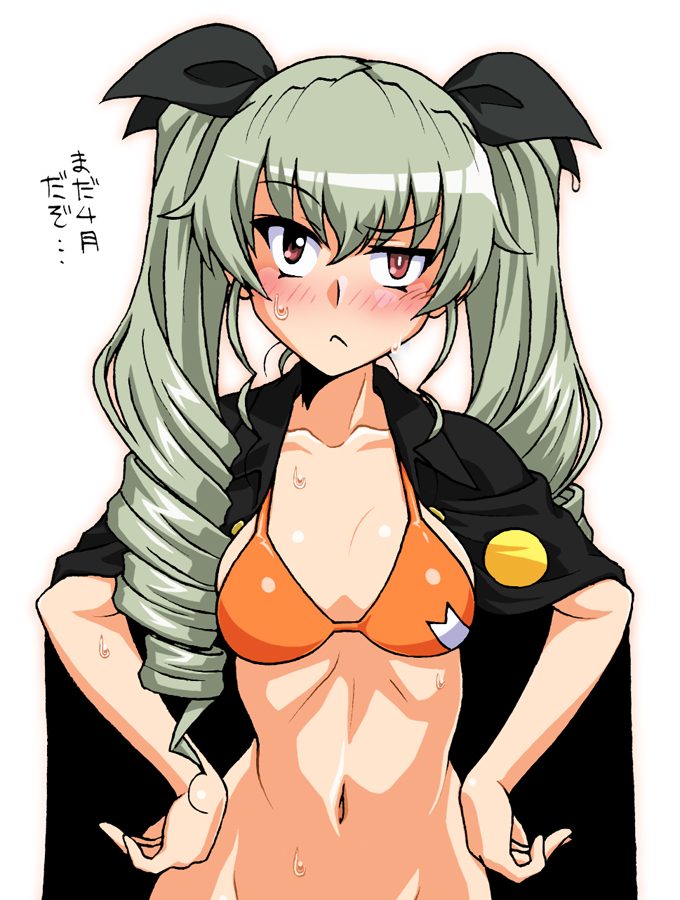 1girl anchovy_(girls_und_panzer) bangs bikini black_cape black_ribbon blush breasts cape closed_mouth commentary_request drill_hair embarrassed eyebrows_visible_through_hair frown girls_und_panzer green_hair hands_on_hips long_hair looking_at_viewer medium_breasts navel oosaka_kanagawa orange_bikini partial_commentary raised_eyebrow red_eyes ribbon simple_background solo swimsuit translated twin_drills twintails upper_body wet white_background