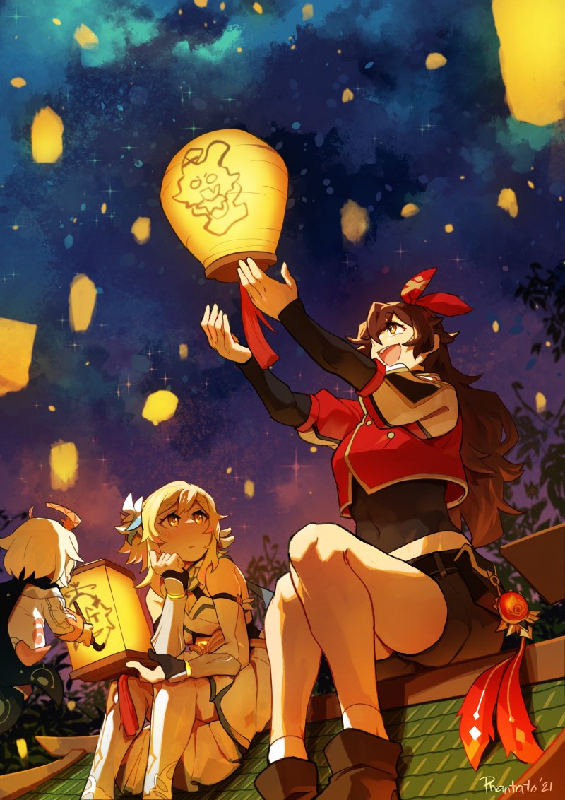 amber_(genshin_impact) bangs bare_shoulders blonde_hair blush brown_hair cape dress eyebrows_visible_through_hair flower genshin_impact gloves goggles hair_between_eyes hair_flower hair_ornament hair_ribbon halo lantern long_hair long_sleeves lumine_(genshin_impact) multiple_girls night night_sky open_mouth paimon_(genshin_impact) paper_lantern phantato red_ribbon ribbon rooftop scarf short_hair short_shorts shorts sky sky_lantern thigh-highs white_dress white_hair yellow_eyes