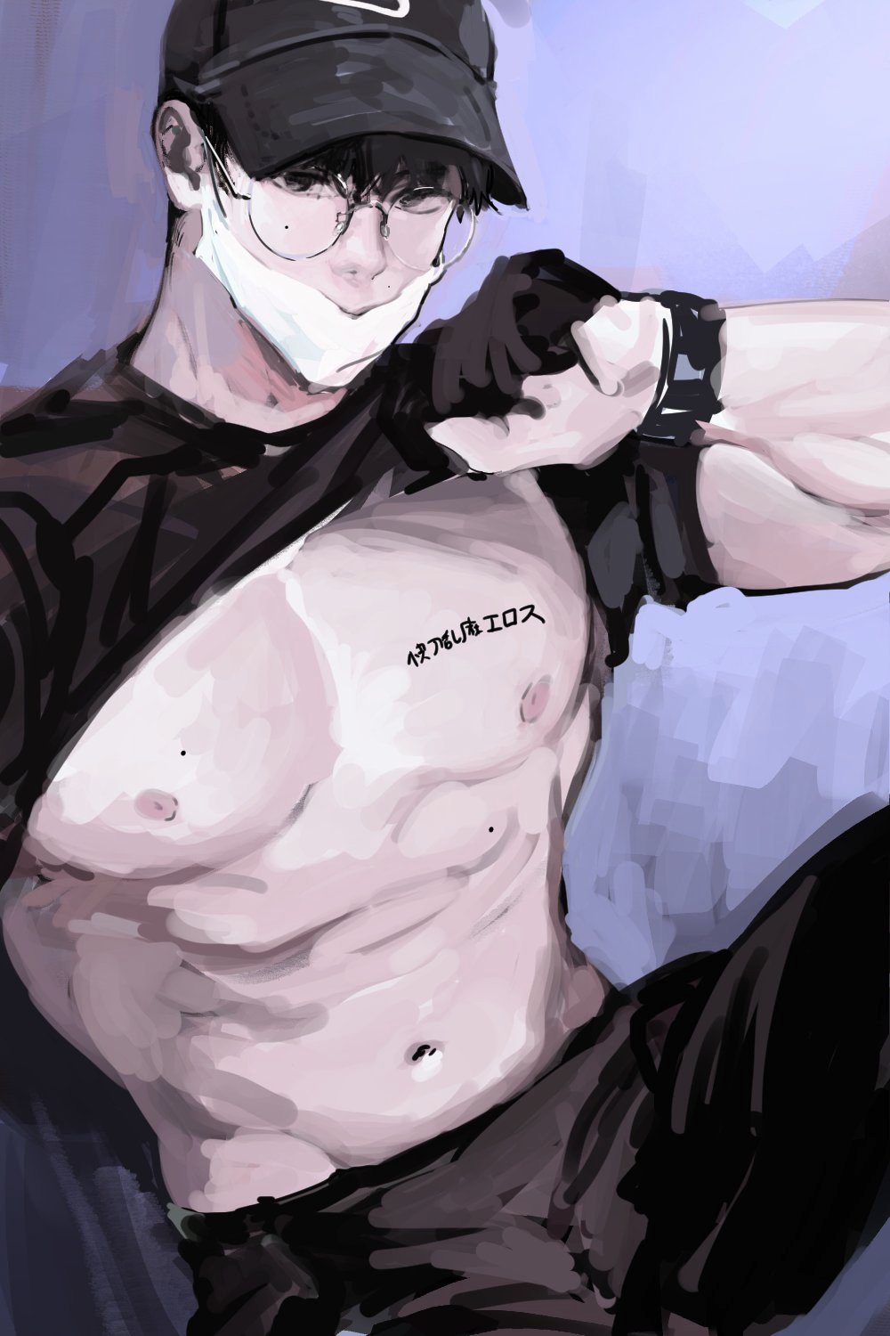1boy artist_name bare_pectorals baseball_cap black_eyes black_hair black_headwear black_pants black_shirt commentary_request covered_mouth eloseu_(haribochase) glasses hat highres korean_commentary lifted_by_self looking_at_viewer male_focus mask mole mole_under_eye mouth_mask navel nipples original pants pectorals round_eyewear shirt shirt_lift short_hair short_sleeves sitting solo stomach t-shirt watch watch