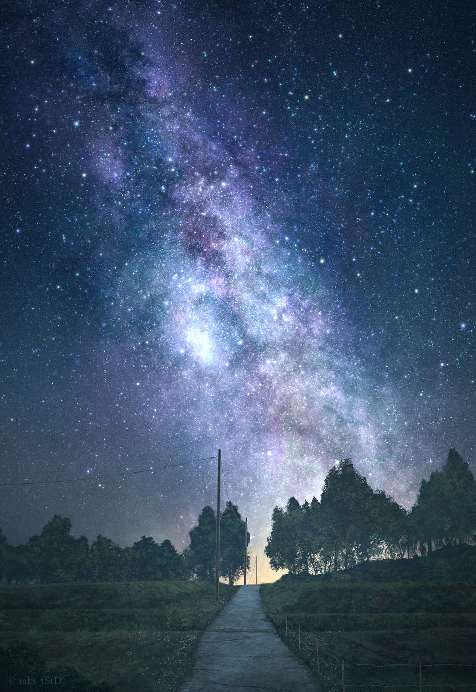 bush fence field flower grass highres landscape milky_way mks night no_humans original power_lines road scenery sky star_(sky) starry_sky tree utility_pole vanishing_point