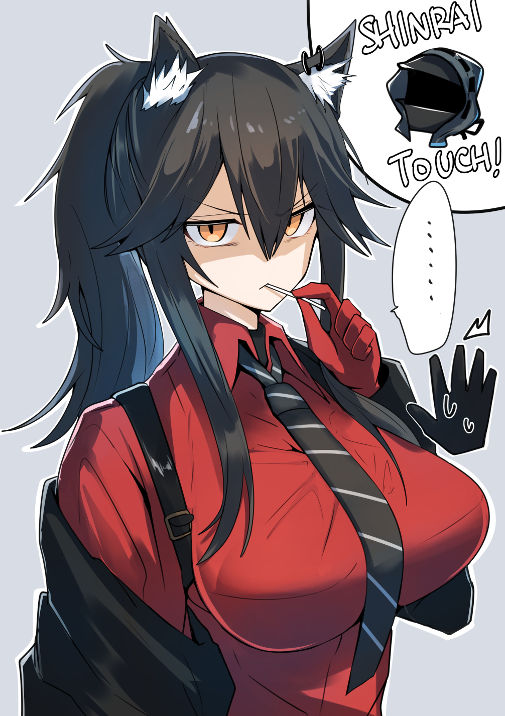 ... 1girl 1other ambiguous_gender animal_ear_fluff animal_ears arknights bangs black_hair black_jacket black_neckwear brown_hair collared_shirt commentary_request doctor_(arknights) gin_moku glaring gloves grey_background hair_between_eyes highres jacket long_hair looking_at_viewer necktie official_alternate_costume ponytail red_gloves red_shirt romaji_text shaded_face shirt sidelocks simple_background speech_bubble spoken_ellipsis striped striped_neckwear texas_(arknights) texas_(willpower)_(arknights) upper_body wolf_ears wolf_girl