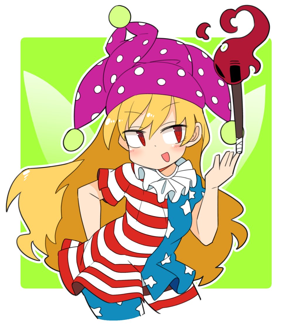 1girl :d american_flag american_flag_dress american_flag_legwear arm_behind_back bangs blonde_hair border clownpiece cropped_legs dress eyebrows_visible_through_hair fairy_wings green_background hat holding holding_torch ini_(inunabe00) jester_cap long_hair looking_to_the_side neck_ruff open_mouth polka_dot_headwear purple_headwear red_eyes short_sleeves simple_background smile solo standing star_(symbol) star_print striped striped_dress striped_legwear torch touhou v-shaped_eyebrows white_border wings