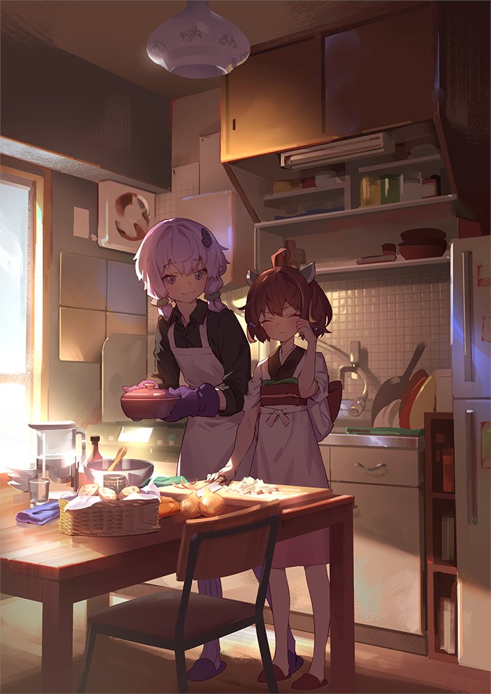 2girls ahoge apron bangs black_shirt blush brown_hair chair closed_eyes collared_shirt commentary_request cooking day eyebrows_visible_through_hair gloves holding indoors japanese_clothes kimono kitchen light_purple_hair long_hair long_sleeves looking_at_another multiple_girls one_eye_closed onion purple_footwear purple_gloves purple_legwear red_footwear rubbing_eyes shirt short_hair slippers standing table touhoku_kiritan twintails violet_eyes vocaloid voiceroid white_apron white_kimono yamamomo_(plank) yuzuki_yukari