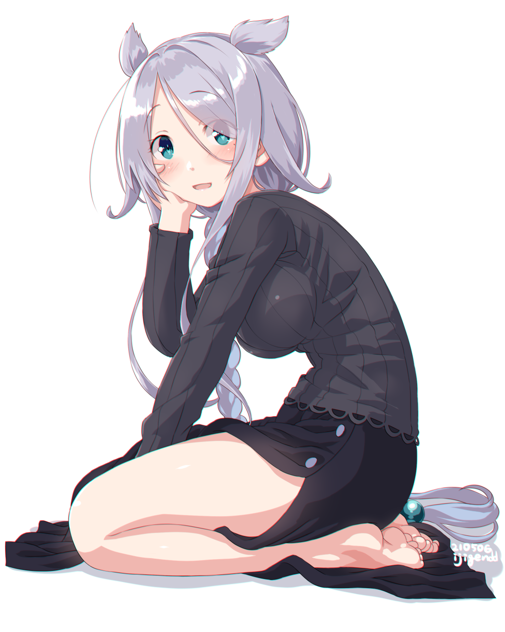 1girl barefoot black_skirt black_sweater blue_eyes blush braid dated dd_(ijigendd) eyebrows_visible_through_hair highres kantai_collection long_hair long_sleeves mole mole_under_eye official_alternate_costume open_mouth pencil_skirt remodel_(kantai_collection) ribbed_sweater signature silver_hair simple_background single_braid skirt smile solo sweater toes twitter_username umikaze_(kancolle) white_background