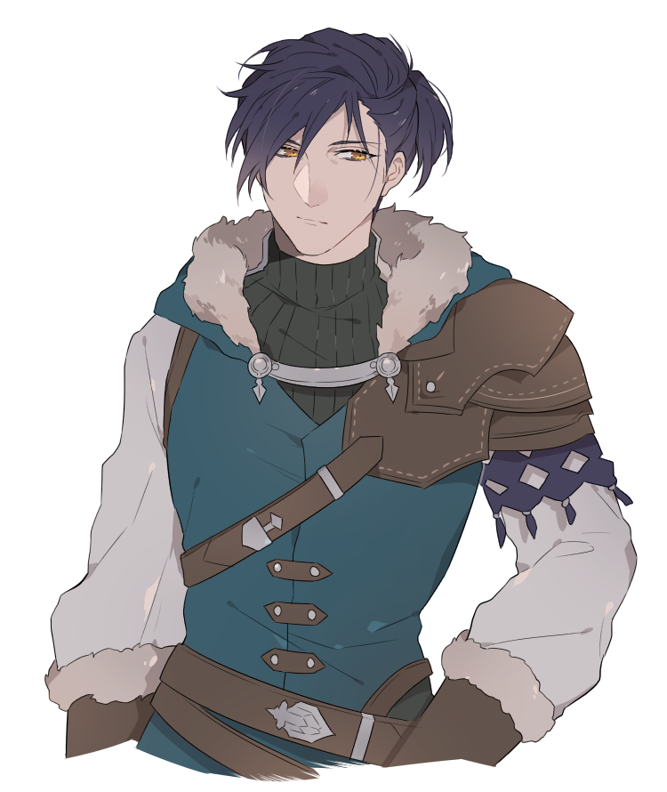 1boy black_hair blue_hair felix_hugo_fraldarius fire_emblem fire_emblem:_three_houses fur-trimmed_gloves fur_collar fur_trim gloves hand_on_hip male_focus namahamu_(hmhm_81) older ponytail single_pauldron solo tied_hair yellow_eyes