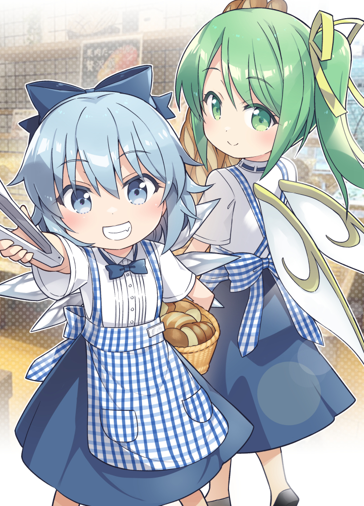 2girls alternate_costume bakery blue_bow blue_eyes blue_hair blush bow bread cirno closed_mouth commentary_request commission daiyousei eyebrows_visible_through_hair fairy_wings feet_out_of_frame food green_eyes green_hair grin hair_bow holding indoors kobeya kobeya_uniform looking_at_viewer looking_back multiple_girls one_side_up plaid shop short_hair skeb_commission smile toto_nemigi touhou wings