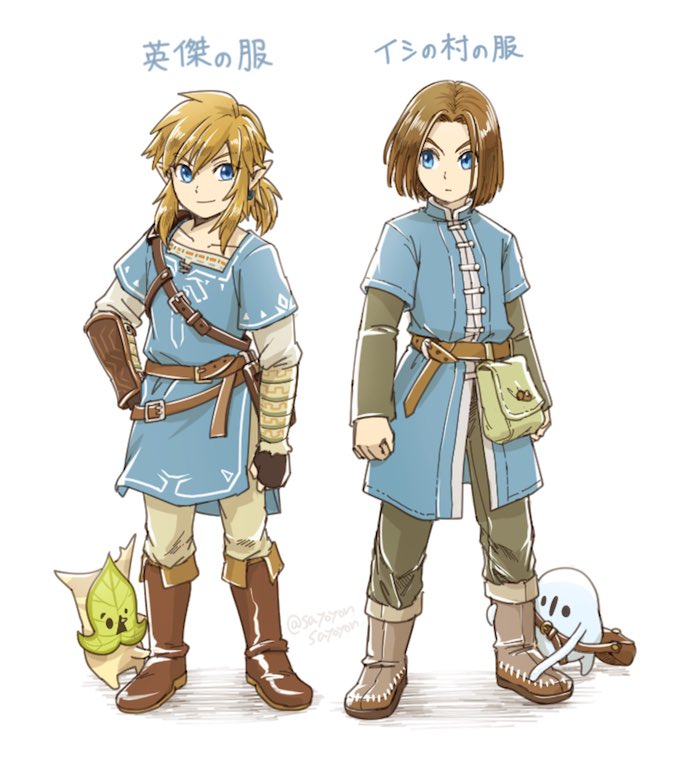 2boys blonde_hair blue_eyes dragon_quest dragon_quest_xi gloves hair_ornament hero_(dq11) link long_hair looking_at_viewer male_focus multiple_boys pointy_ears ponytail sayoyonsayoyo simple_background smile super_smash_bros. the_legend_of_zelda the_legend_of_zelda:_breath_of_the_wild translation_request