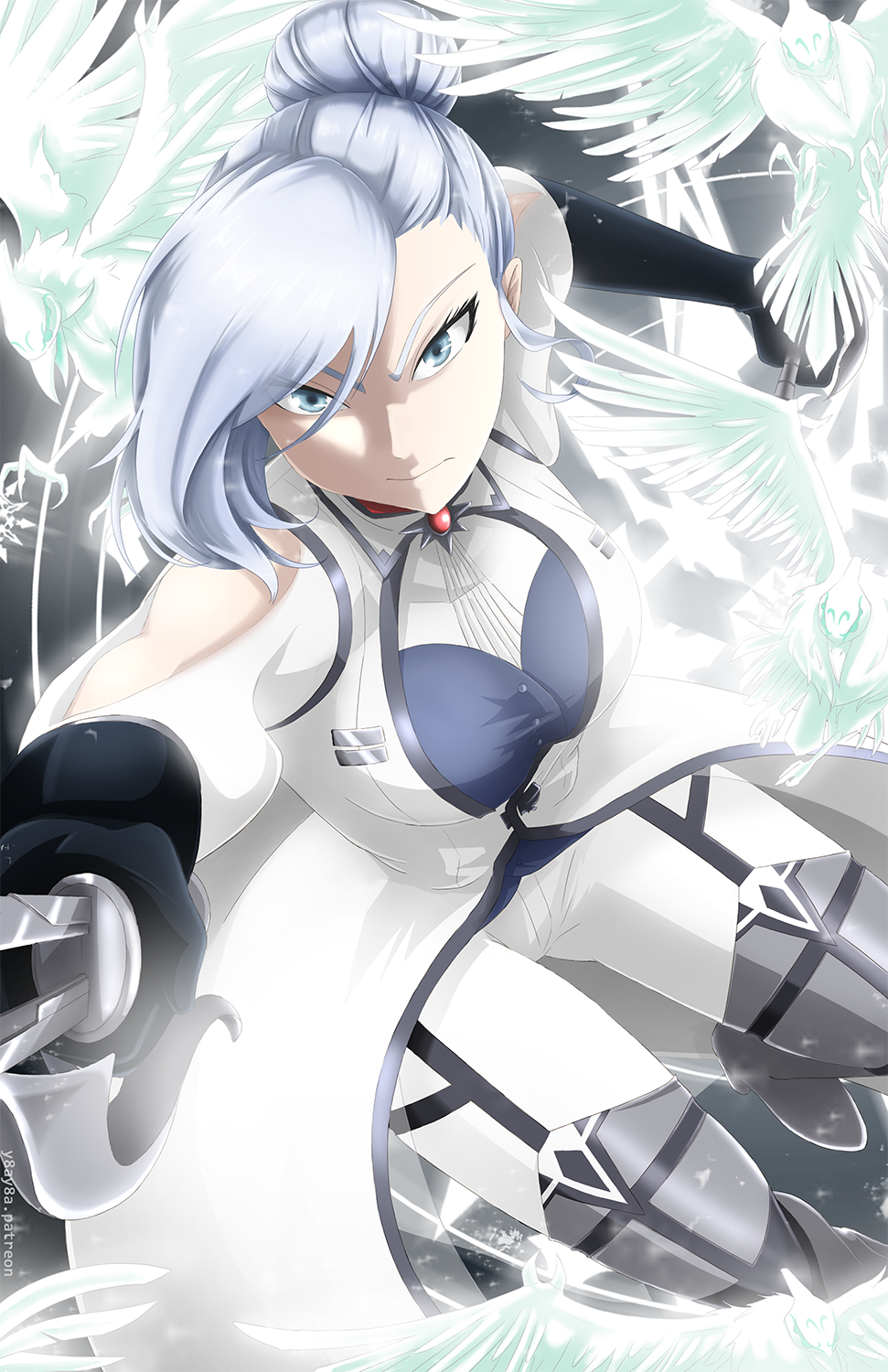 1girl asymmetrical_bangs bangs bird black_gloves blue_eyes blue_hair boots dutch_angle gloves grey_background highres looking_at_viewer rwby shaded_face solo sword thigh-highs thigh_boots thighs weapon white_hair winter_schnee yaya_(y8ay8a)