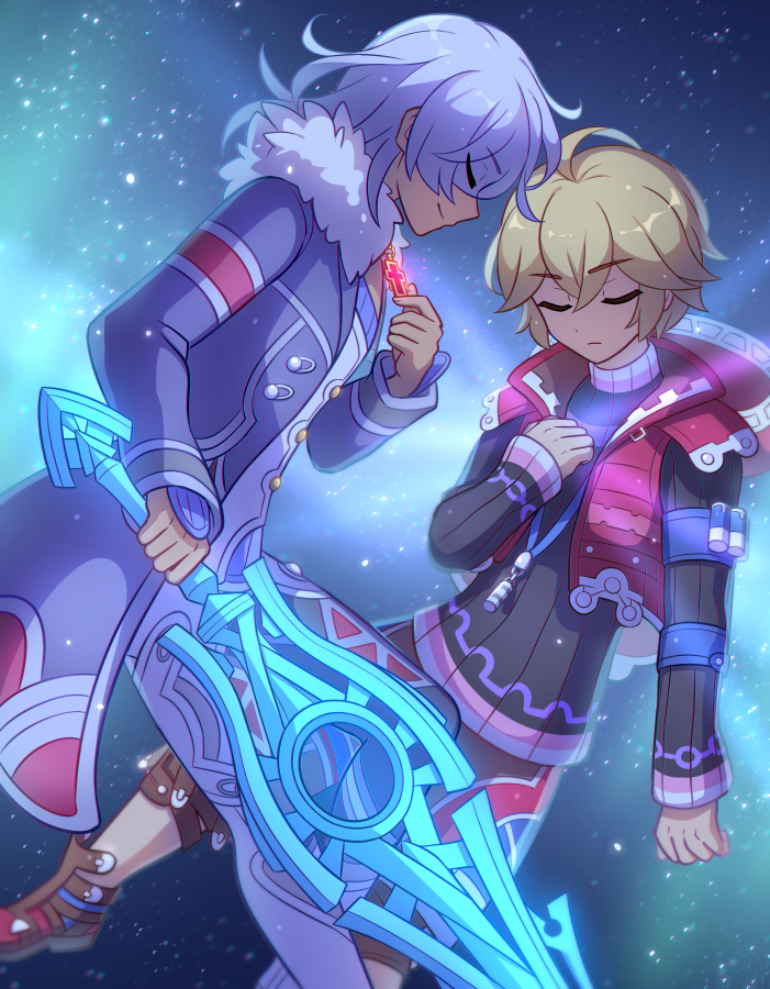 2boys alvis_(xenoblade) blonde_hair enni fur_trim holding holding_sword holding_weapon long_sleeves monado_iii multiple_boys shulk_(xenoblade) silver_hair sky space star_(sky) starry_sky sword weapon xenoblade_chronicles xenoblade_chronicles_(series)