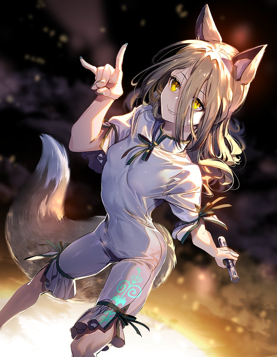 1girl animal_ears arm_behind_back arm_up blonde_hair breasts covered_navel dark_background dress fox_ears fox_shadow_puppet fox_tail glowing glowing_eyes green_nails green_ribbon grin hair_between_eyes highres holding holding_test_tube kudamaki_tsukasa long_bangs looking_at_viewer mandarin_collar medium_hair neck_ribbon outstretched_arm ribbon short_sleeves shorts skinny slit_pupils small_breasts smile smirk solo tail taut_clothes taut_dress test_tube touhou vial white_dress yellow_eyes zounose