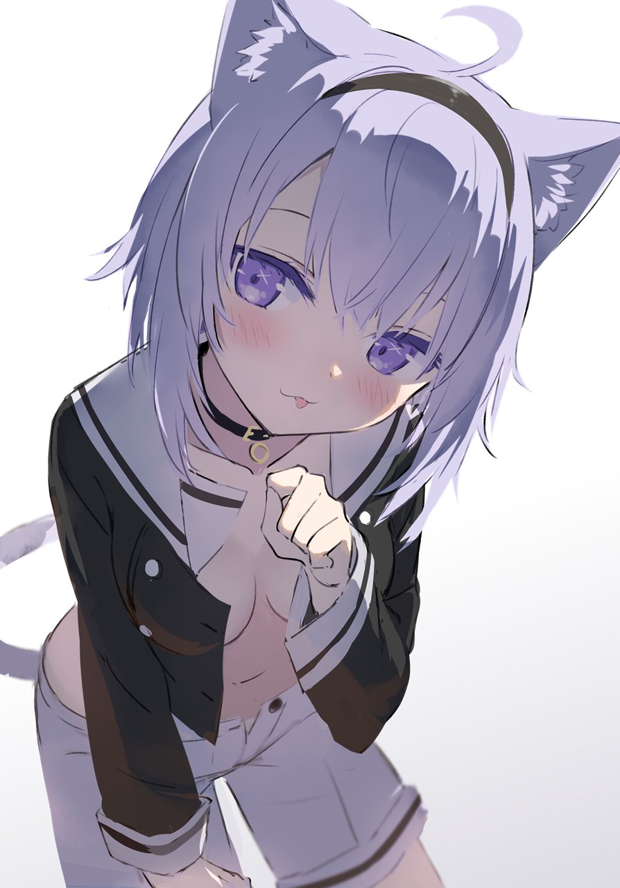 1girl :p ahoge animal_ear_fluff animal_ears bangs black_choker black_hairband black_shirt blush breasts cat_ears cat_girl cat_tail choker closed_mouth collarbone commentary_request eyebrows_behind_hair gotyou gradient gradient_background grey_background hair_between_eyes hairband hand_up highres hololive leaning_forward long_sleeves looking_at_viewer navel nekomata_okayu no_bra open_clothes open_shirt purple_hair sailor_collar shirt short_shorts shorts small_breasts smile solo tail tongue tongue_out violet_eyes virtual_youtuber white_background white_sailor_collar white_shorts