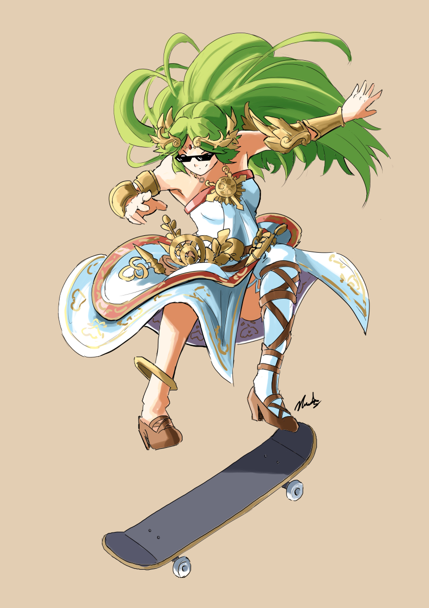 1girl anklet automatic_giraffe bare_shoulders bracer circlet convenient_censoring dress green_hair high_heels jewelry kid_icarus kid_icarus_uprising laurel_crown long_hair necklace palutena single_thighhigh skateboard skateboarding smile strapless strapless_dress sunglasses thigh-highs white_dress
