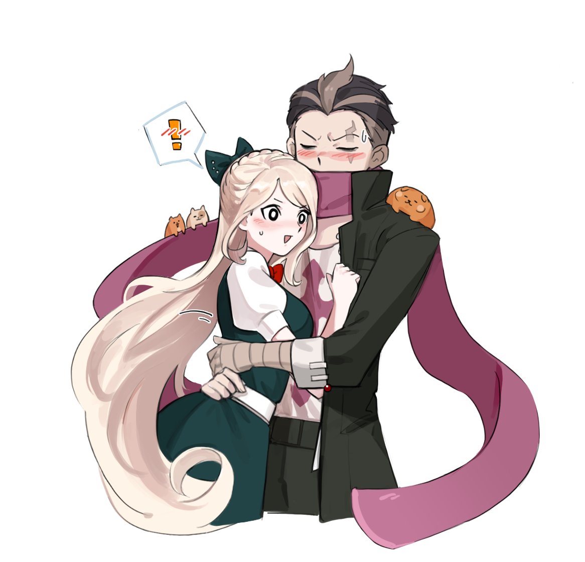 ! 1boy 1girl :d bandaged_arm bandages bangs black_bow black_dress black_eyes black_hair black_pants blonde_hair blush bow braid breasts closed_eyes collarbone commentary_request dangan_ronpa_(series) dangan_ronpa_2:_goodbye_despair dress eyebrows_visible_through_hair facial_mark hair_bow hamster heart hug long_hair medium_breasts multicolored_hair open_mouth pants pink_scarf print_shirt puffy_short_sleeves puffy_sleeves scarf shiny shiny_hair shirt short_hair short_sleeves silvercandy_gum simple_background smile sonia_nevermind spoken_blush spoken_exclamation_mark sweatdrop tanaka_gandamu white_background white_shirt