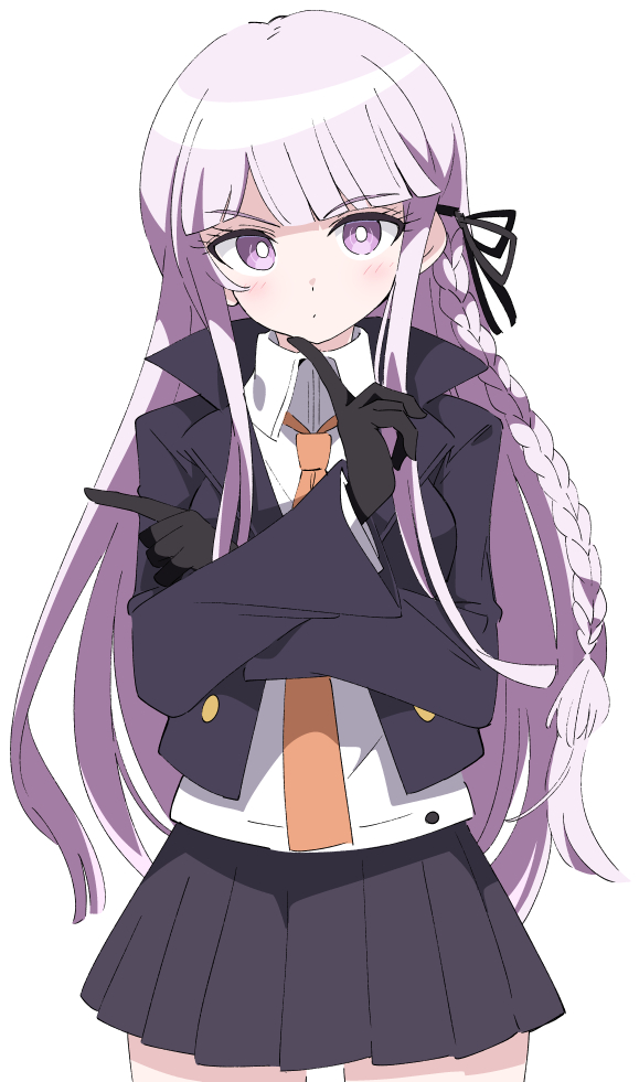 1girl bangs black_gloves black_ribbon black_skirt blunt_bangs commentary_request dangan_ronpa:_trigger_happy_havoc dangan_ronpa_(series) eyebrows_visible_through_hair gloves hair_ribbon ixy kirigiri_kyouko long_hair long_sleeves looking_at_viewer necktie orange_neckwear pleated_skirt purple_hair ribbon shirt simple_background skirt solo violet_eyes white_background white_shirt