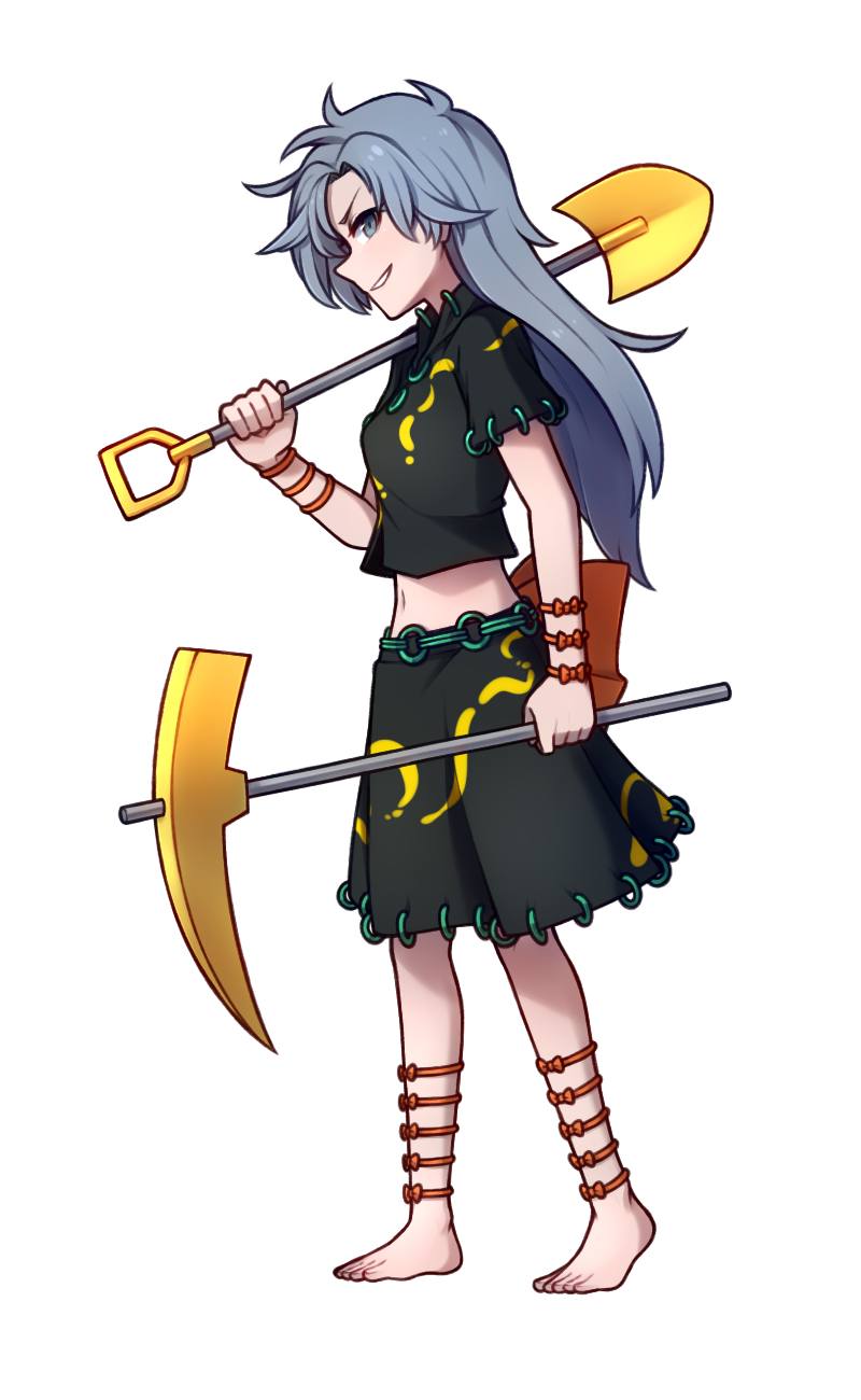 1girl ankle_bow bangs barefoot belly_chain black_shirt black_skirt bow crop_top from_side full_body grey_eyes grin hand_up highres himemushi_momoyo holding holding_pickaxe holding_shovel jewelry long_hair midriff orange_bow over_shoulder parted_bangs pickaxe profile ring shirt short_sleeves shovel silver_hair simple_background skirt skirt_set smile solo speckticuls spiky_hair standing tools touhou white_background wrist_bow