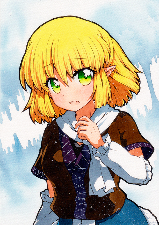 1girl arm_warmers bangs black_shirt blonde_hair blush breasts brown_jacket commentary_request eyebrows_visible_through_hair fang green_eyes hair_between_eyes half_updo jacket looking_at_viewer medium_breasts mizuhashi_parsee multicolored multicolored_clothes multicolored_jacket open_mouth pointy_ears qqqrinkappp scarf shirt short_hair short_sleeves skin_fang solo touhou traditional_media upper_body white_scarf