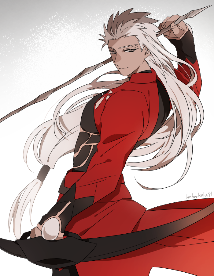 1boy alternate_hair_length alternate_hairstyle archer_(fate) arrow_(projectile) bow_(weapon) brown_eyes dark_skin dark_skinned_male fate/extella fate/extella_link fate/extra fate_(series) grey_eyes long_hair low-tied_long_hair namahamu_(hmhm_81) smile solo weapon white_hair