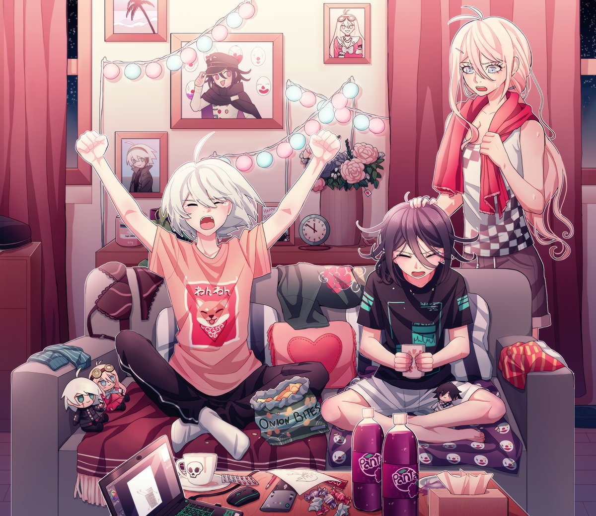 1girl 2boys ahoge alternate_costume animal_print antenna_hair arms_up bangs barefoot black_hair black_pants black_shirt blonde_hair bra breasts candy_wrapper character_doll checkered checkered_shirt cheer_(cheerkitty14) chips clock closed_eyes clothes_writing collarbone computer couch cup curtains dangan_ronpa_(series) dangan_ronpa_v3:_killing_harmony dog_print english_commentary flower food grey_hair grey_shorts hair_between_eyes hair_ornament heart heart_pillow holding indoors iruma_miu keebo laptop long_hair low_ponytail lower_teeth medium_breasts mouse_(computer) multiple_boys night open_mouth ouma_kokichi pale_skin panties pants photo_(object) pill pillow pink_flower pink_shirt red_bra red_panties shirt short_hair short_sleeves shorts sitting socks soda solo_focus striped_underwear table towel towel_around_neck translation_request underwear upper_teeth wet white_legwear window